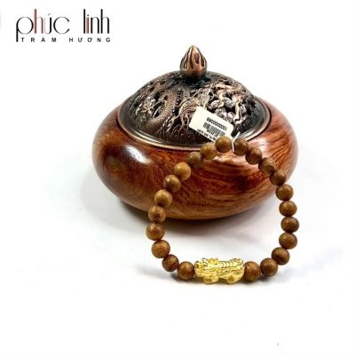 Phuc Linh Malaysia Agarwood Bracelet 7Mm 24 Beads Mix Golden Pixiu Charm